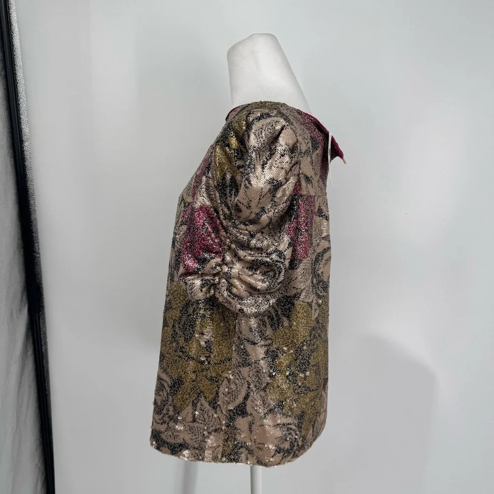 NWT Anthropologie Sequin Floral Puff Sleeve Top